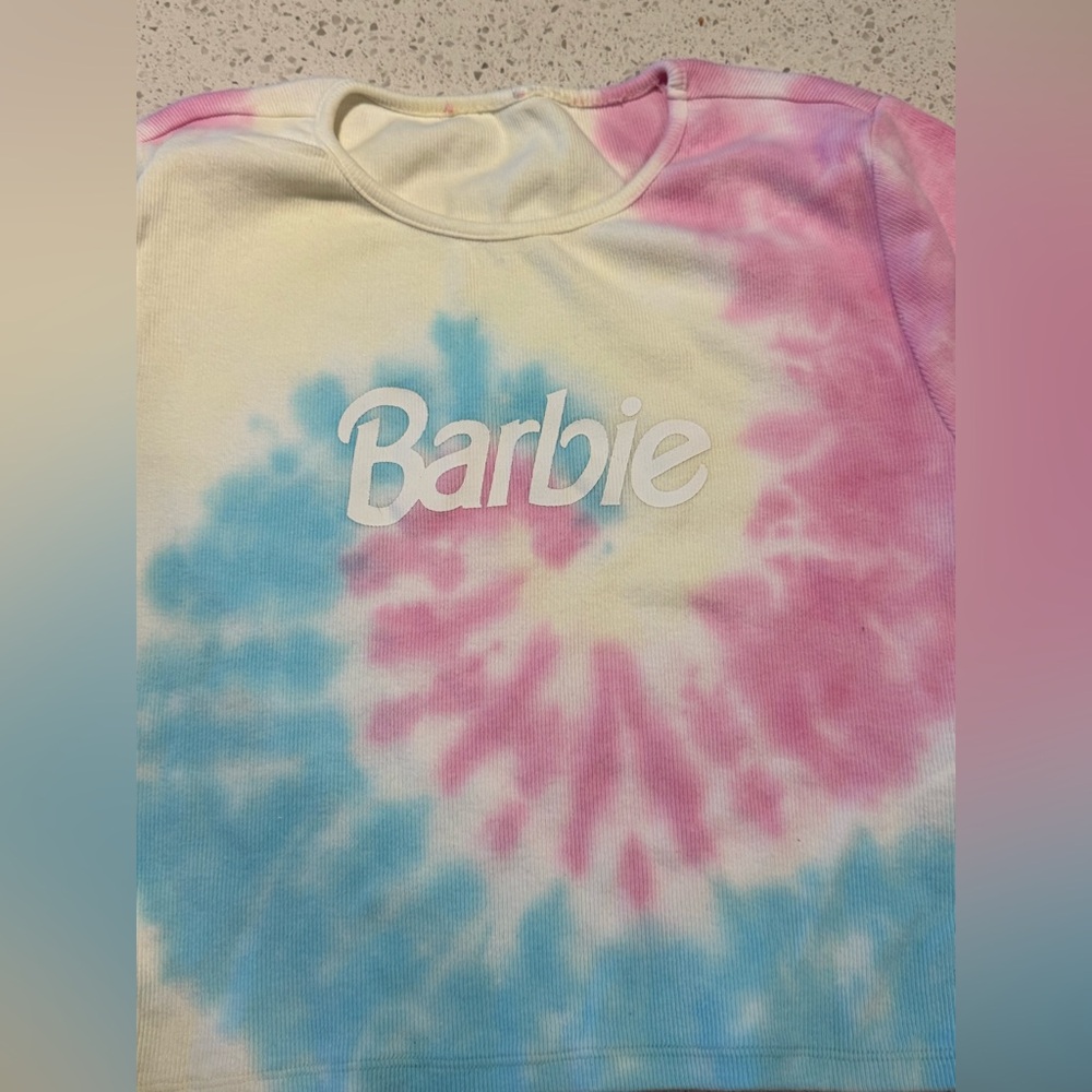 Barbie Adult Medium Tie-Dye Cropped T-Shirt - Pink, Blue, and Cream - Picture 2 of 6